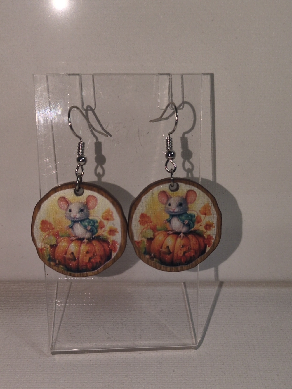 Cute Mouse on Pumpkin Wood Dangle Earrings - Orange, White, Green